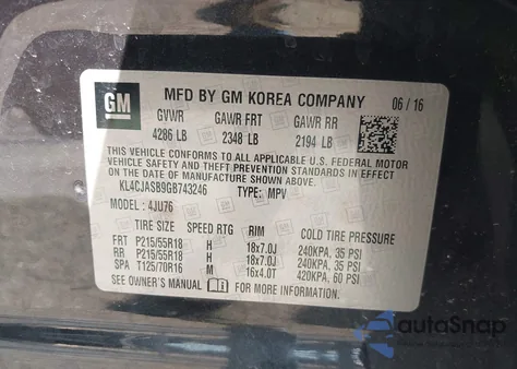 2016 Buick Encore z USA, uszkodzony, nr VIN KL4CJASB9GB743246